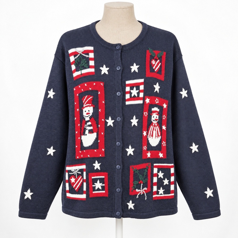 Quacker Factory Patchwork Snowman Holiday Cardigan Size L Cottagecore Teacher